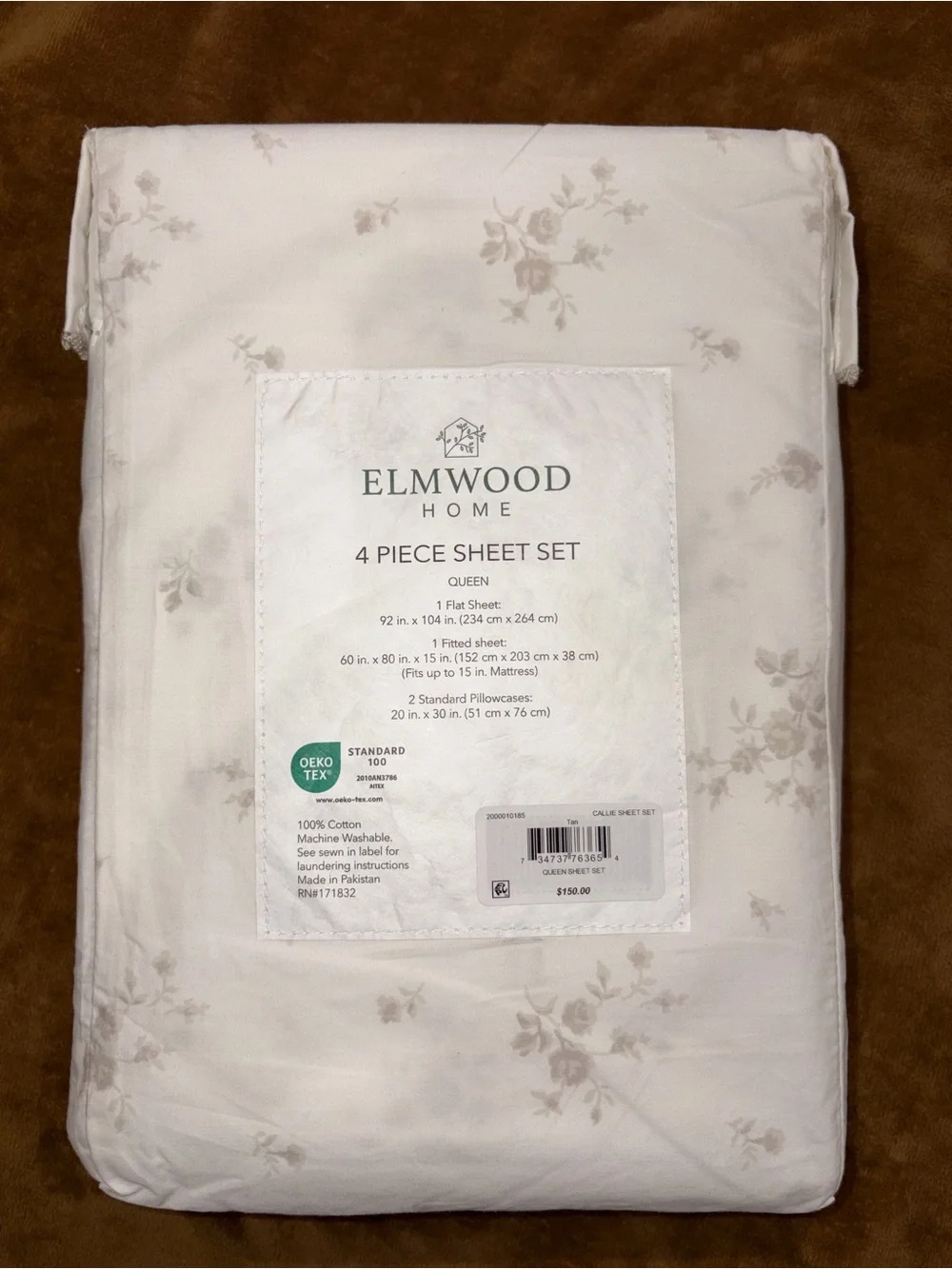 Elmwood Home Queen 4-Piece Cotton Percale Sheet Set in Soft Taupe Floral